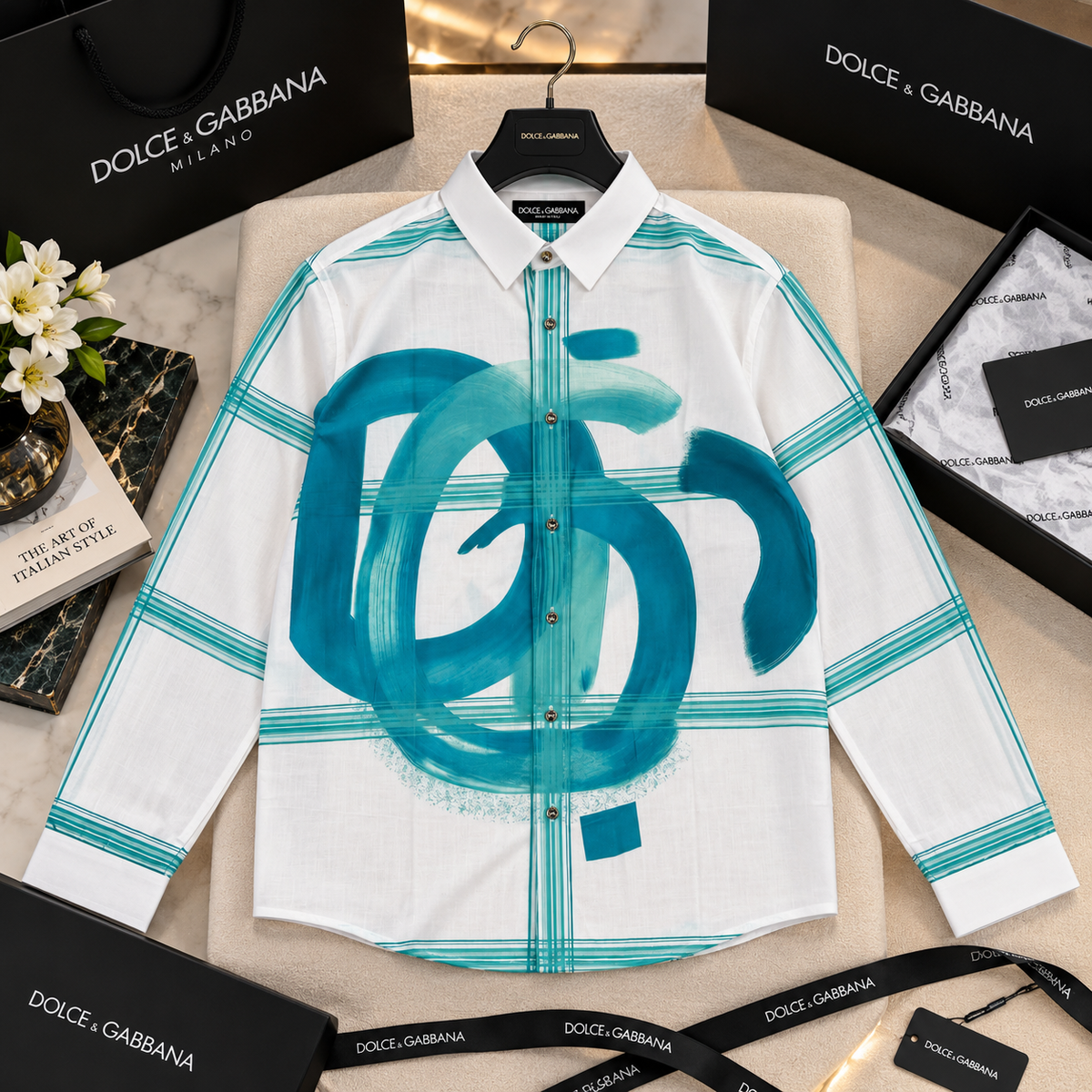 Abstract Brushstroke & Windowpane Grid Long-Sleeve Shirt
