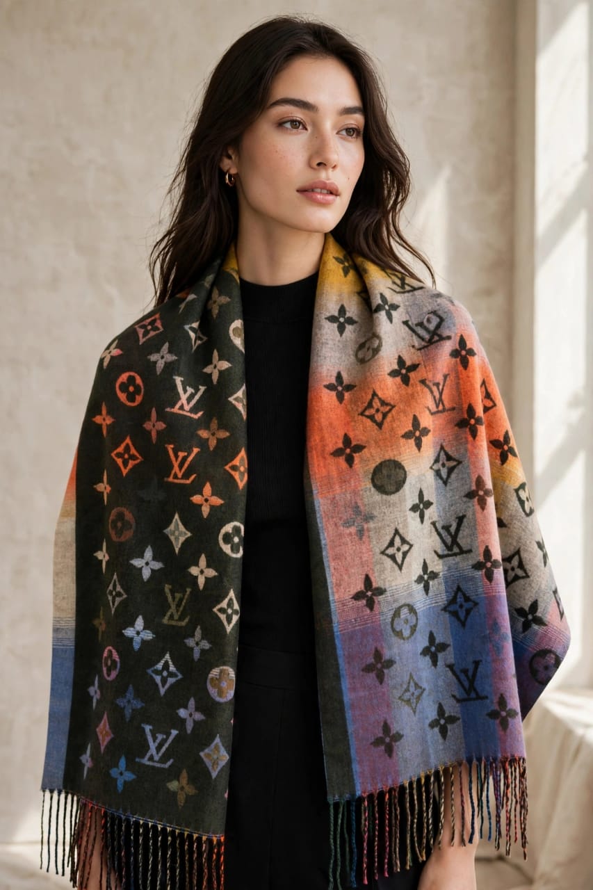 Women's Reversible Monogram Cashmere Stole Wrap with Fringe Hem