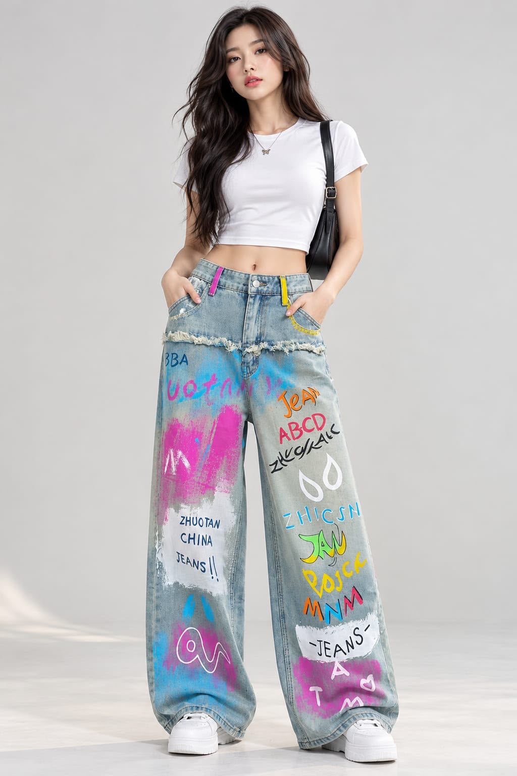 Graffiti Print Wide-Leg Denim Jeans – High-Waisted Y2K Streetwear Denim
