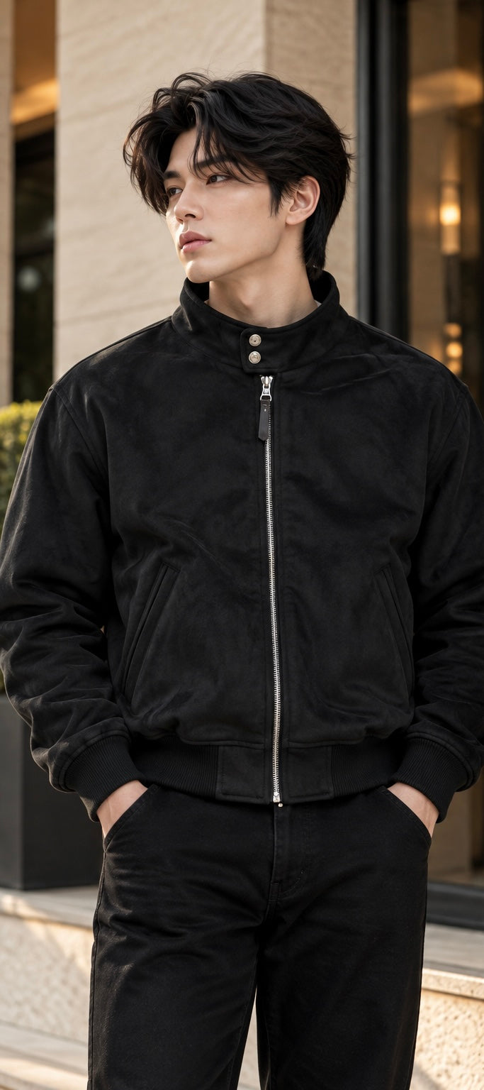 Men's High-Neck Suede Harrington Bomber Jacket