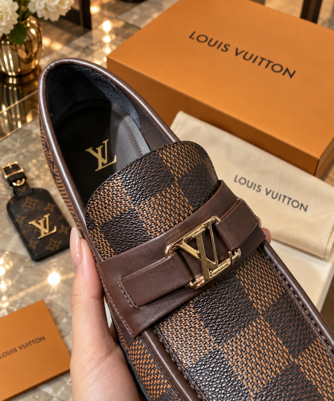 Damier Canvas Dress Loafers with Initial Buckle Strap