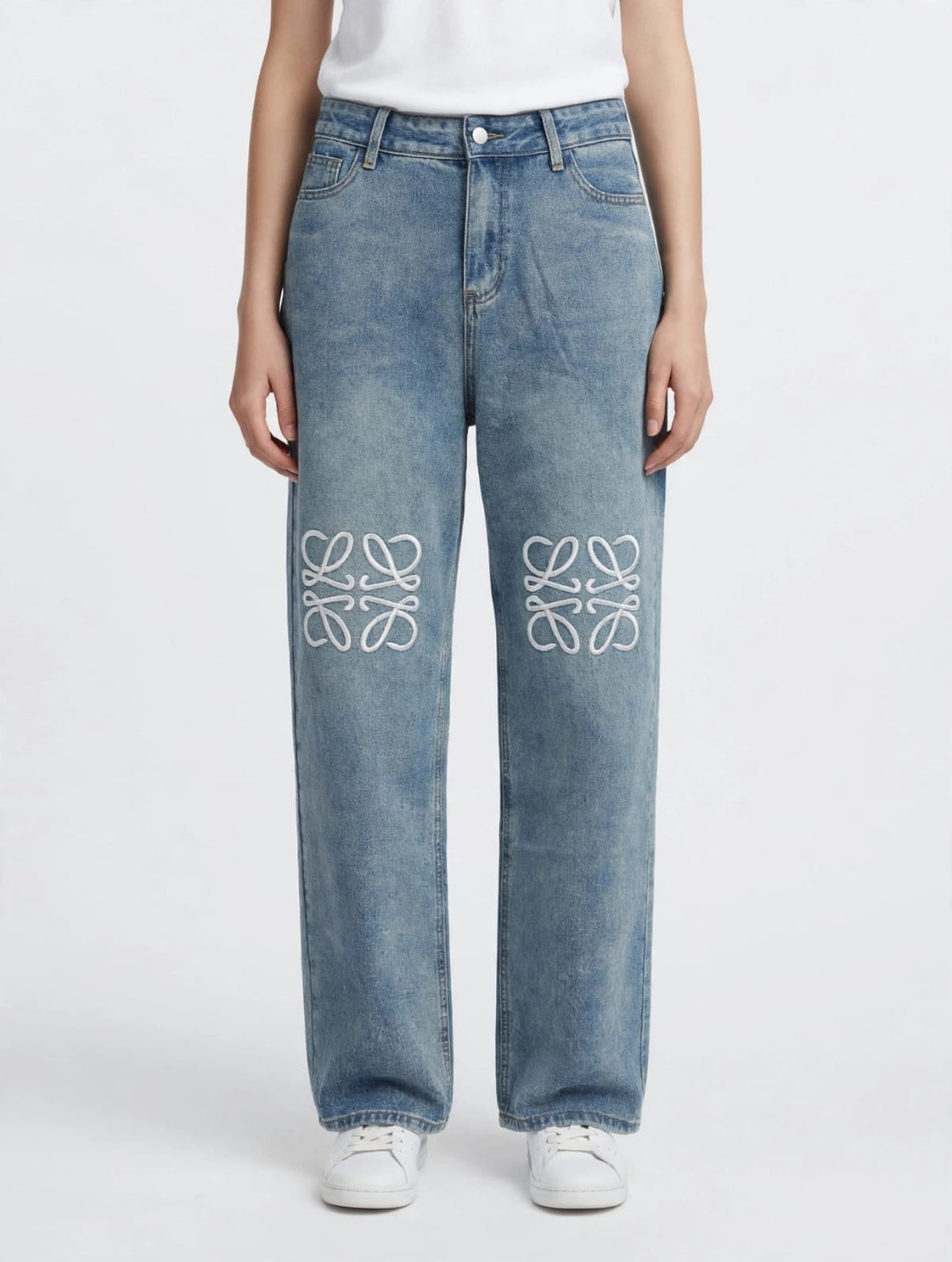 Women's High-Rise Straight-Leg Denim Jeans with Knee Embroidered Accents