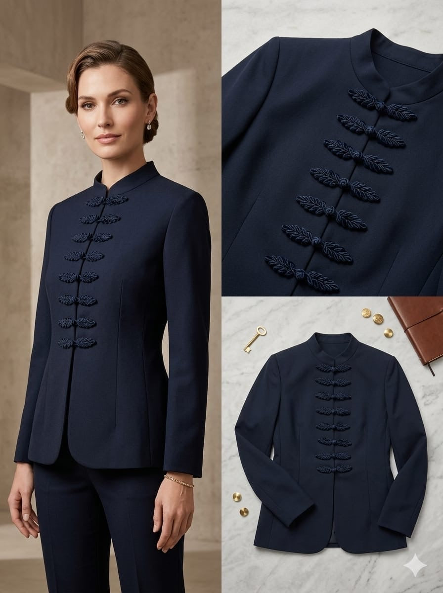 Women's Mandarin Collar Tailored Blazer with Braided Frog Fasteners