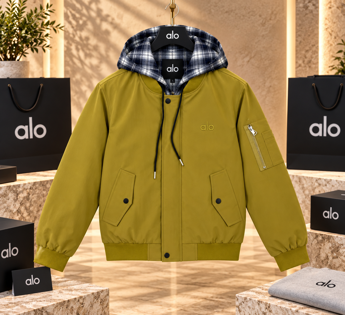 Unisex Plaid-Lined Hooded Utility Bomber Jacket
