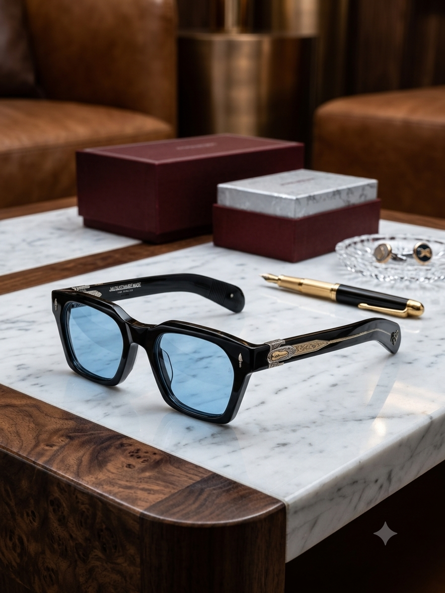 Architectural Thick-Frame Square Sunglasses with Engraved Filigree Core