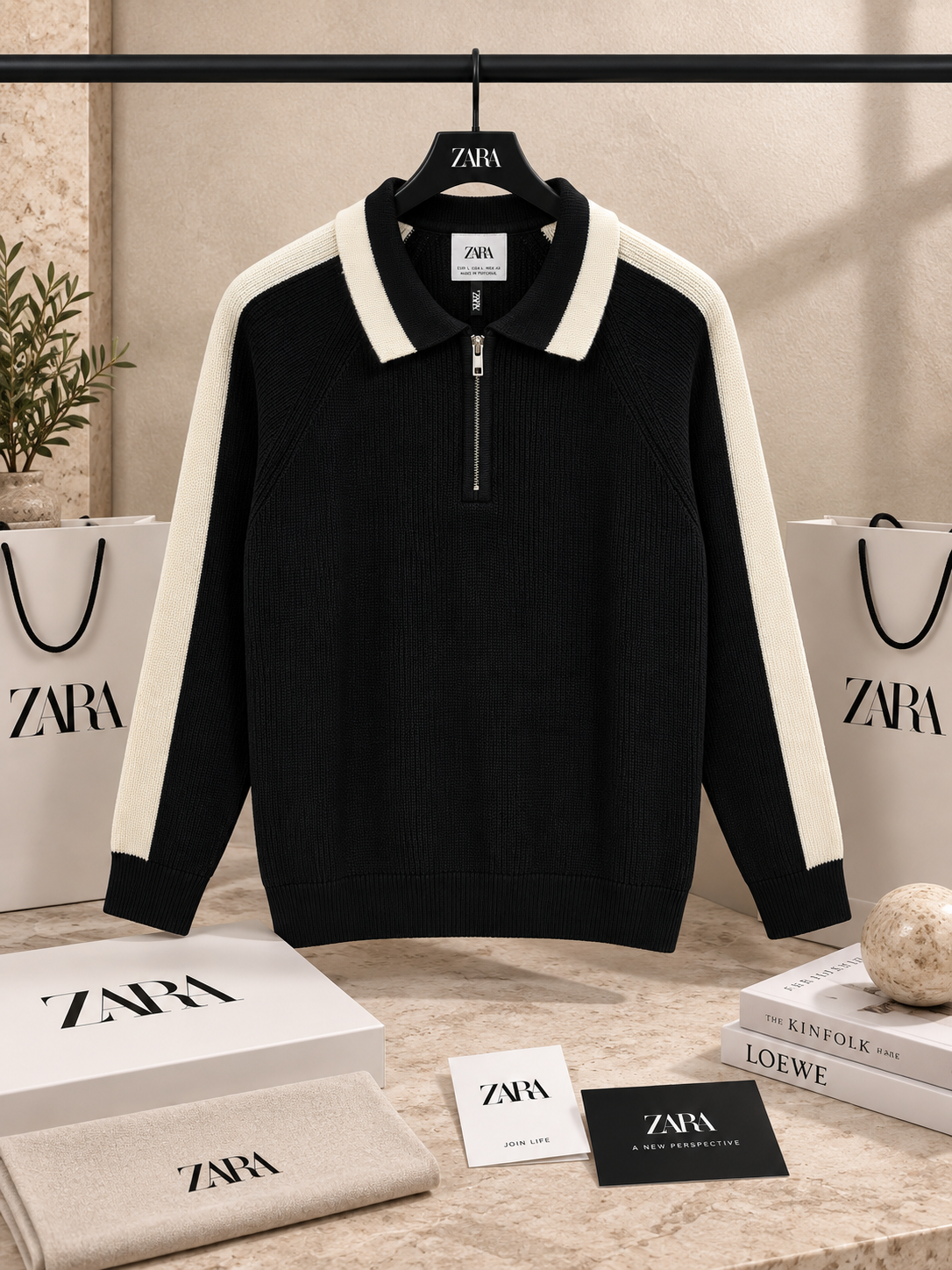 Premium Contrast-Stripe Half-Zip Knit Sweater
