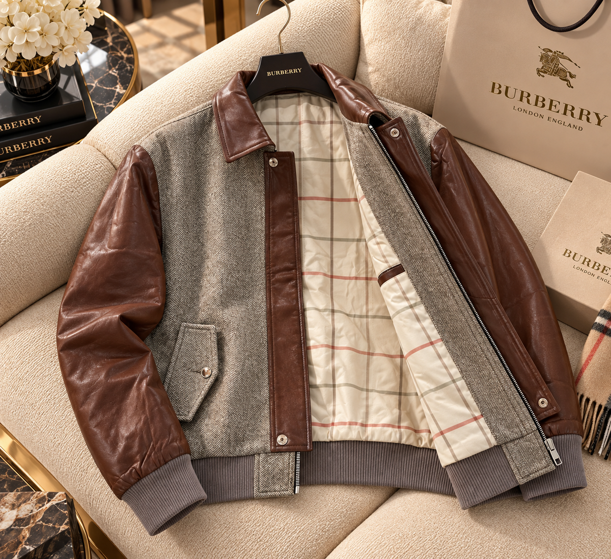 Herringbone Wool & Genuine Leather Bomber Jacket – Premium Contrast Sleeve Vintage Flight Jacket