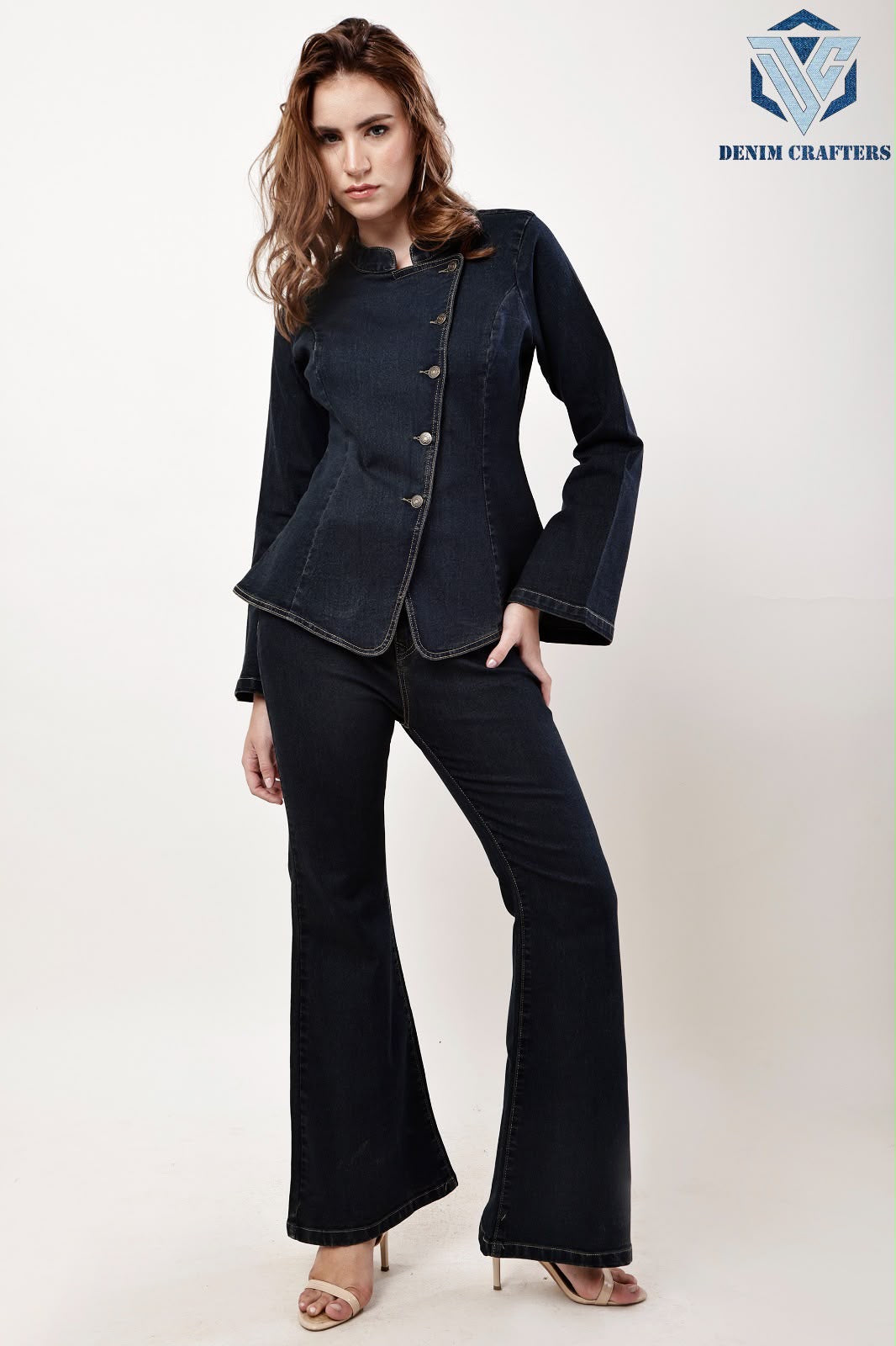 Women's Asymmetric Button Denim Jacket & Bootcut Jeans Two-Piece Co-ord Set