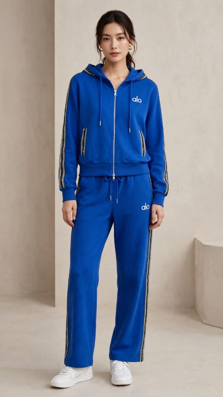 Women's Full-Zip Hoodie & Wide-Leg Sweatpants Set with Patterned Side Stripes