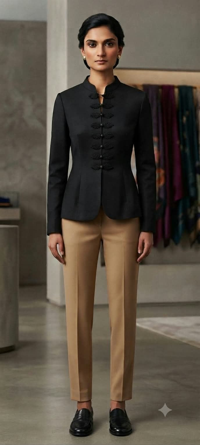 Women's Mandarin Collar Tailored Blazer with Braided Frog Fasteners