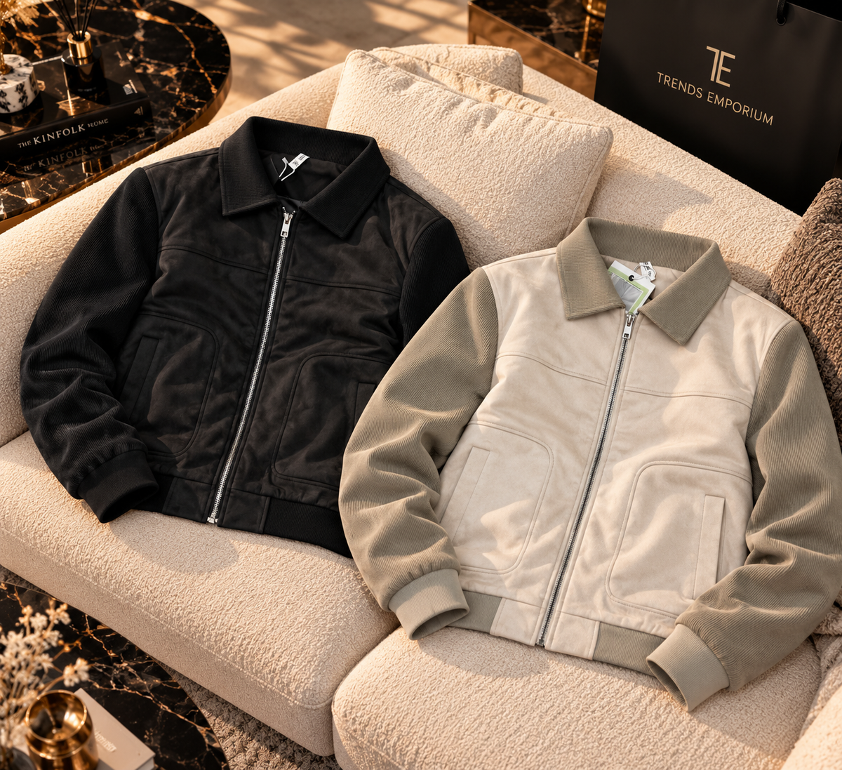 Men's Dual-Texture Suede & Corduroy Utility Bomber Jacket