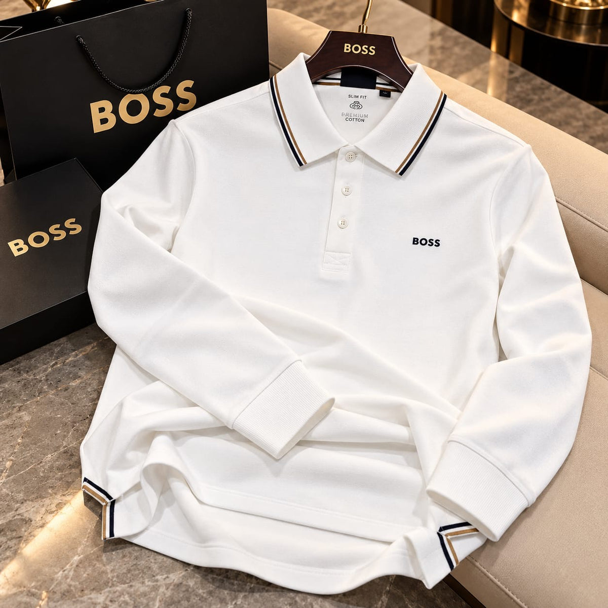 Men’s Premium Long-Sleeve Cotton Piqué Polo T-Shirt with Tipped Collar