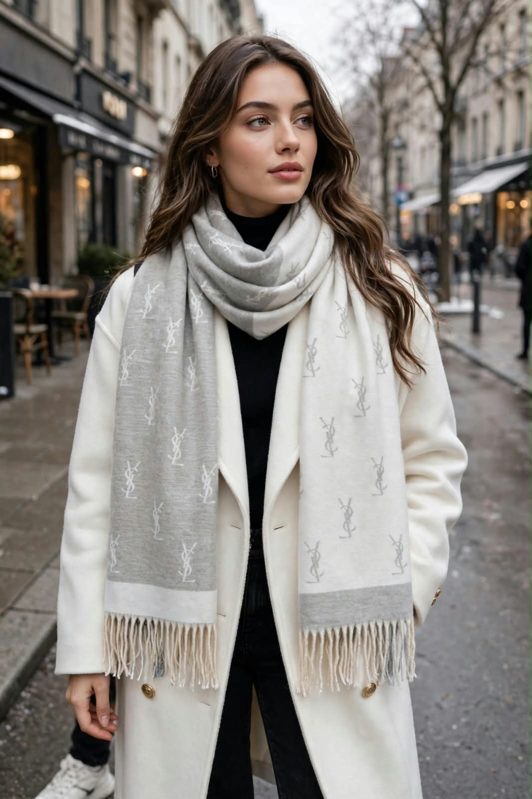 Luxury Monogram Jacquard Knit Fringed Scarf / Winter Wrap