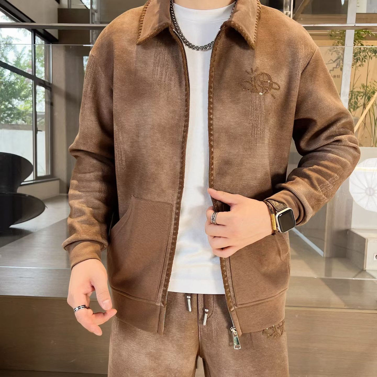 Men's Vintage Washed Zip-Up Jacket & Track Pants Two-Piece Set – Chestnut Brown