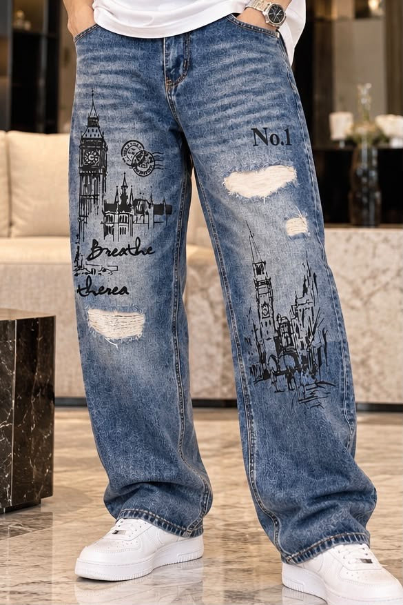 Men's Wide-Leg Loose Fit Denim Jeans Collection – Vintage Wash Streetwear Pants
