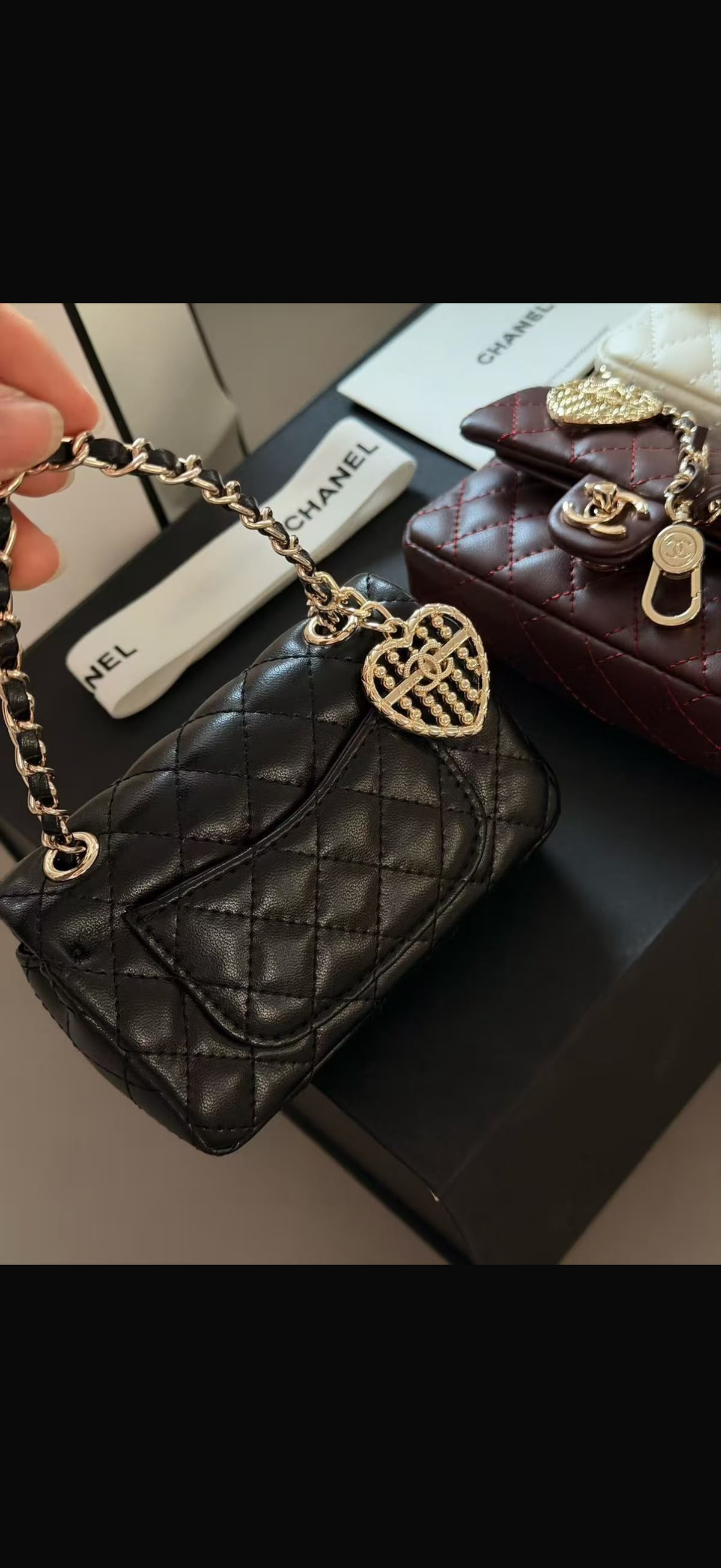Heart Charm Quilted Leather Mini Flap Bag with Chain – Available in Black, White & Deep Burgundy