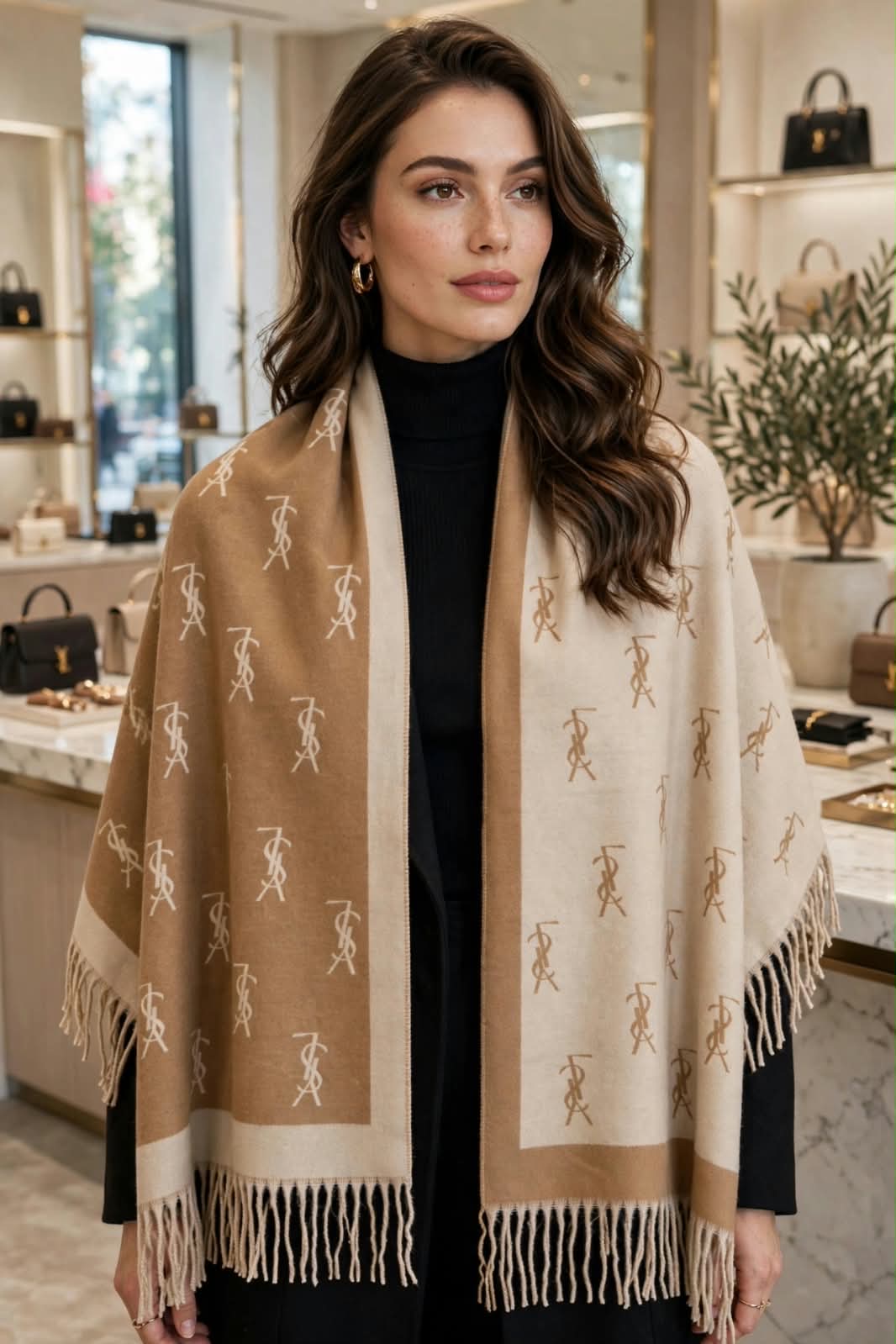 Luxury Monogram Jacquard Knit Fringed Scarf / Winter Wrap