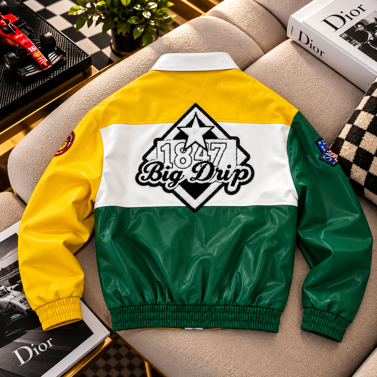Streetwear Zip-Up Racing Jacket with Sleeve Patches & Back Graphic