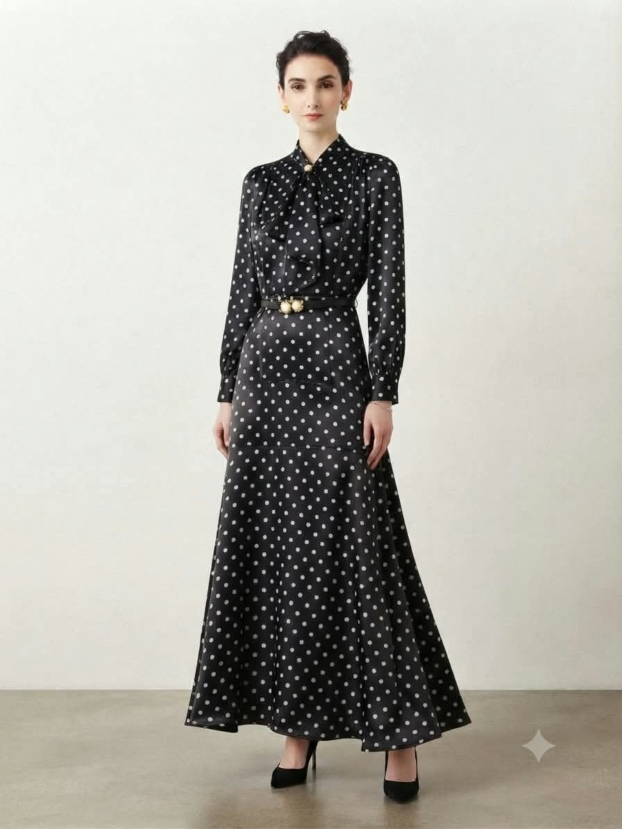 Women's Elegant Polka-Dot Satin Bow Maxi Dress