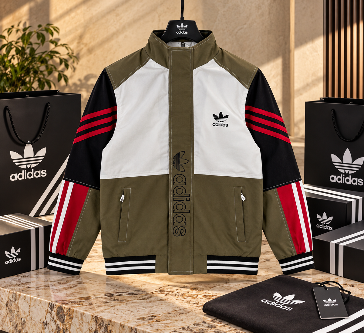 Colorblocked Retro Zip-Up Streetwear Track Jacket with Vertical Outline Branding
