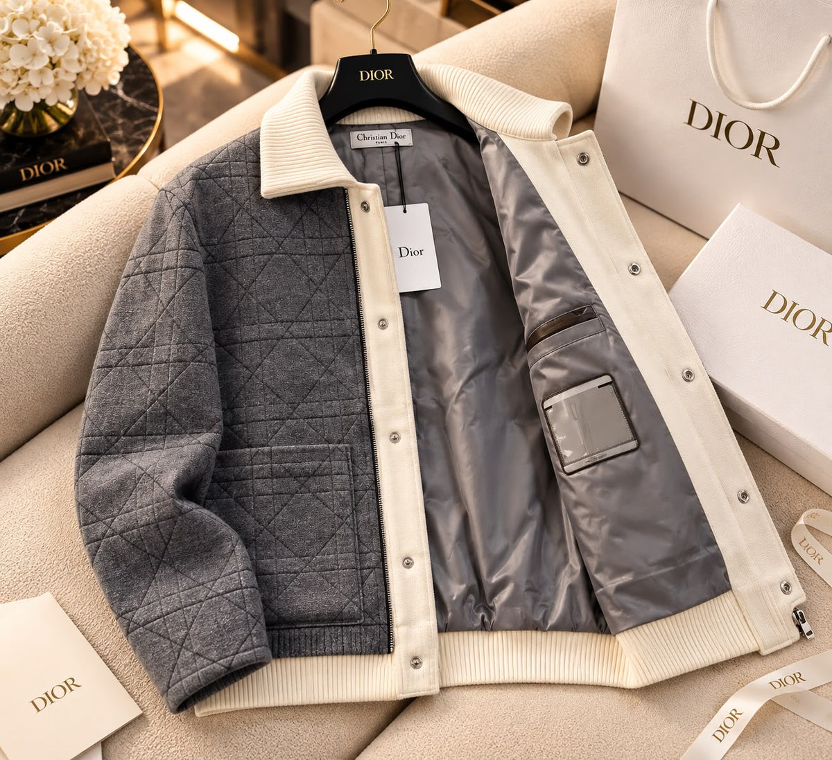 Cannage Quilted Two-Tone Zipped Jacket