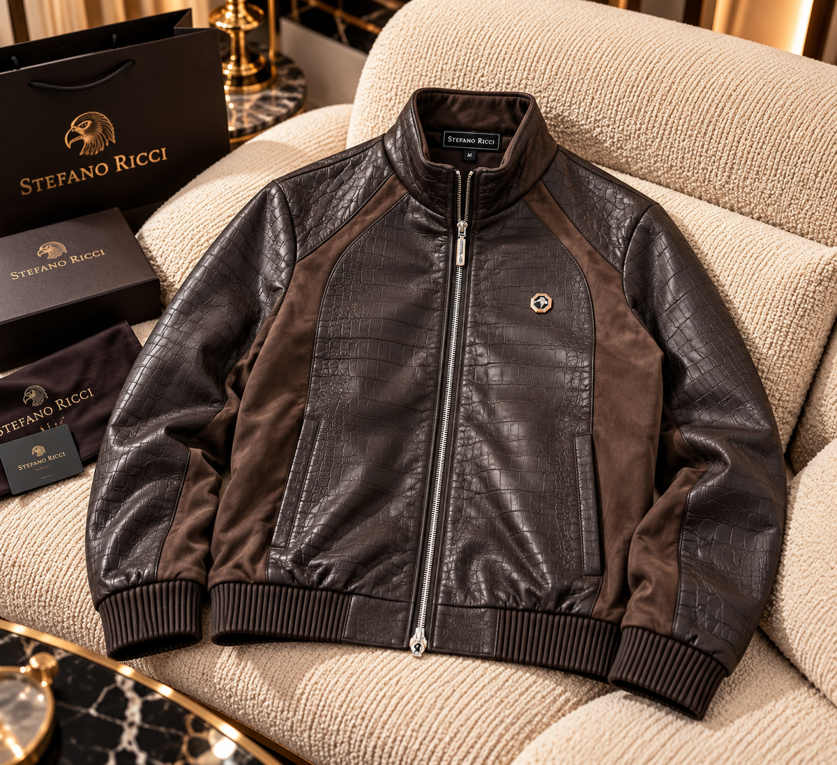 Croc-Embossed Leather & Suede Panel Bomber Jacket
