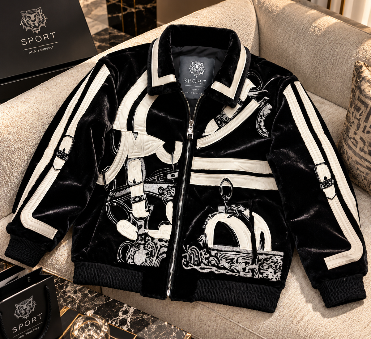 "The Harness Heritage" – Black and White Velvet Equestrian Bomber Jacket