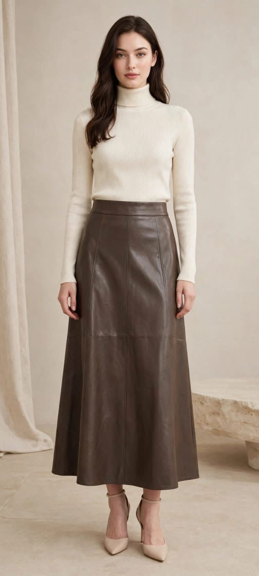 Women's Elegant High-Waisted Paneled Leather A-Line Midi Skirt
