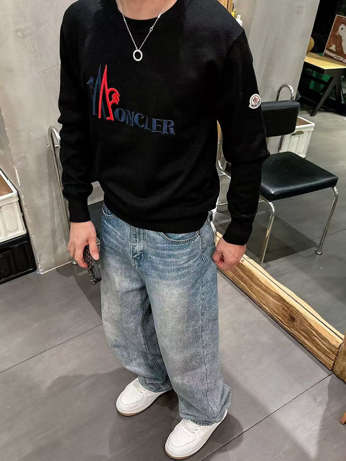 Casual Long-Sleeve Graphic Knit Pullover with Sleeve Badge Detail