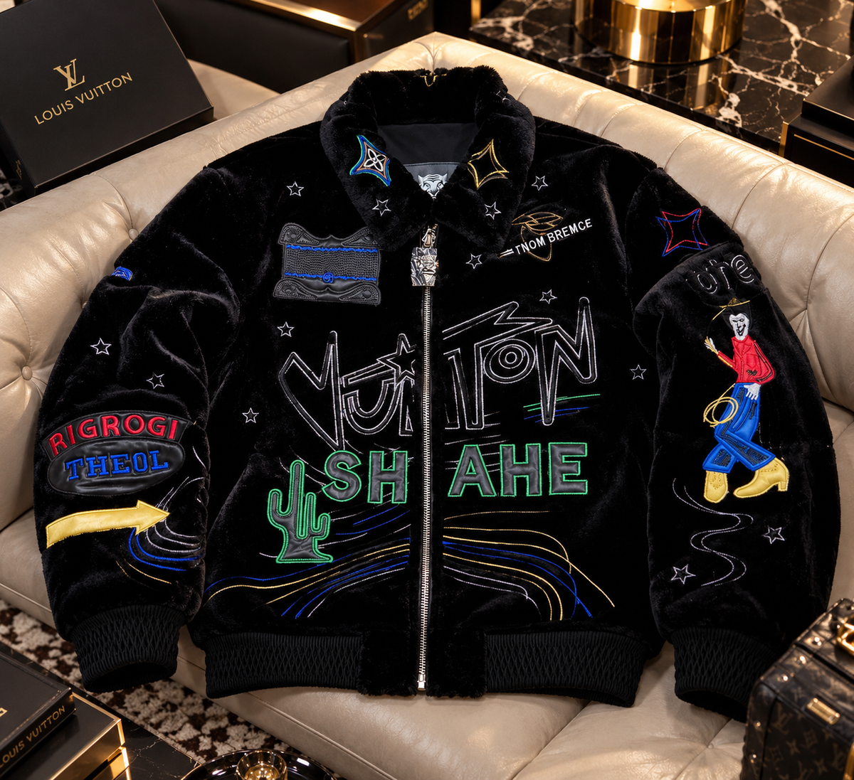 "Neon Oasis" Black Velvet Graphic Embroidered Full-Zip Bomber Jac