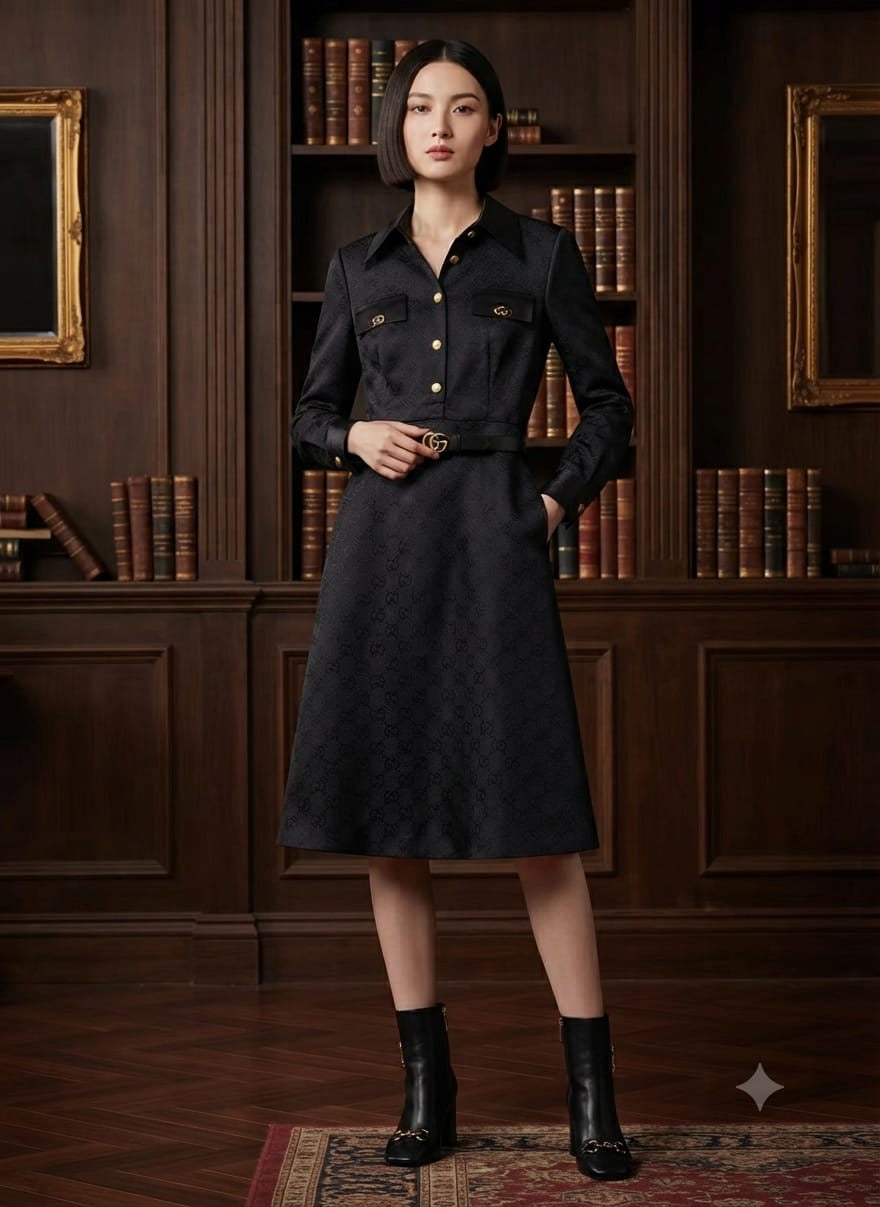 GG Monogram Belted Jacquard Long-Sleeve Midi Shirt Dress