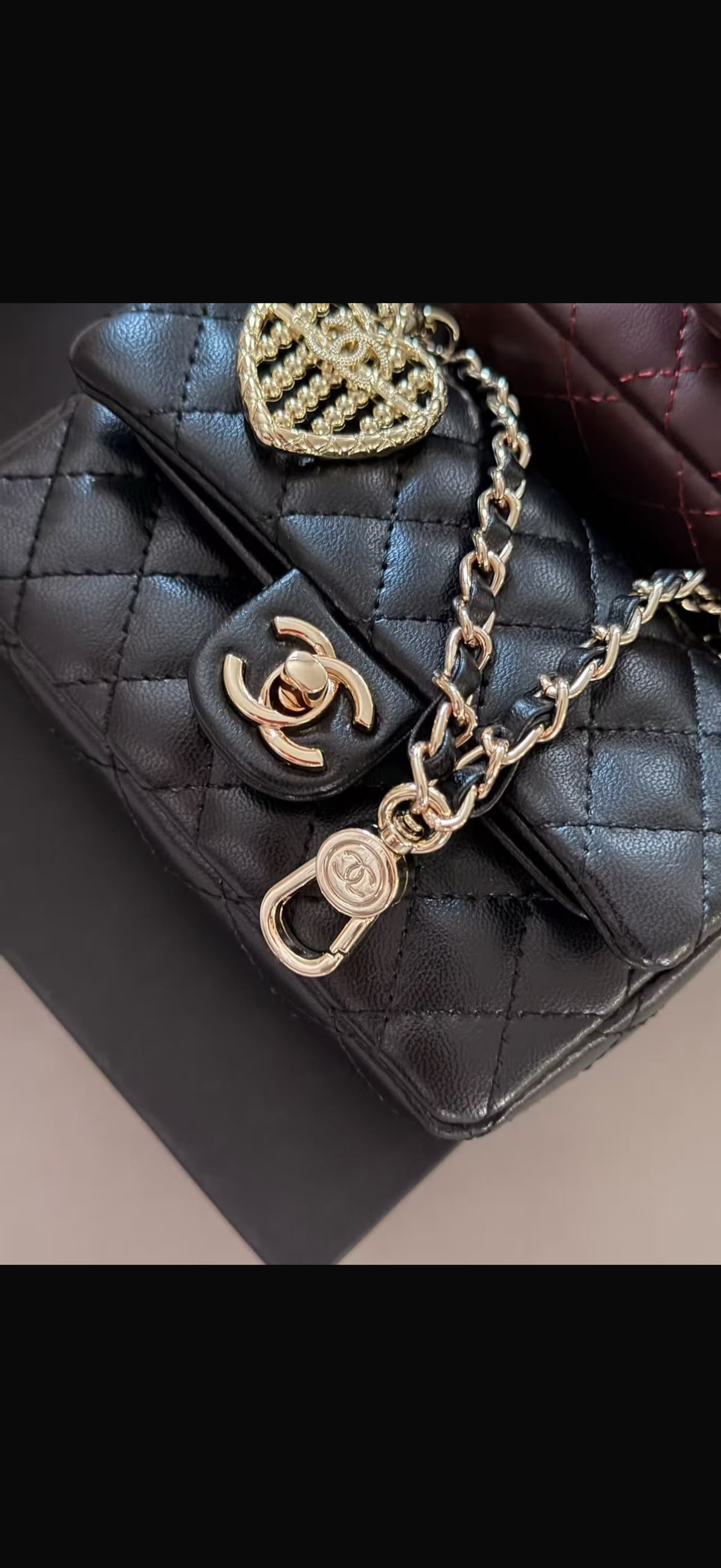 Heart Charm Quilted Leather Mini Flap Bag with Chain – Available in Black, White & Deep Burgundy