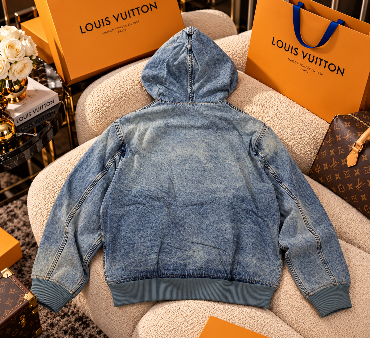 Premium OG Light-Wash Hooded Denim Jacket with Checked Interior Lining