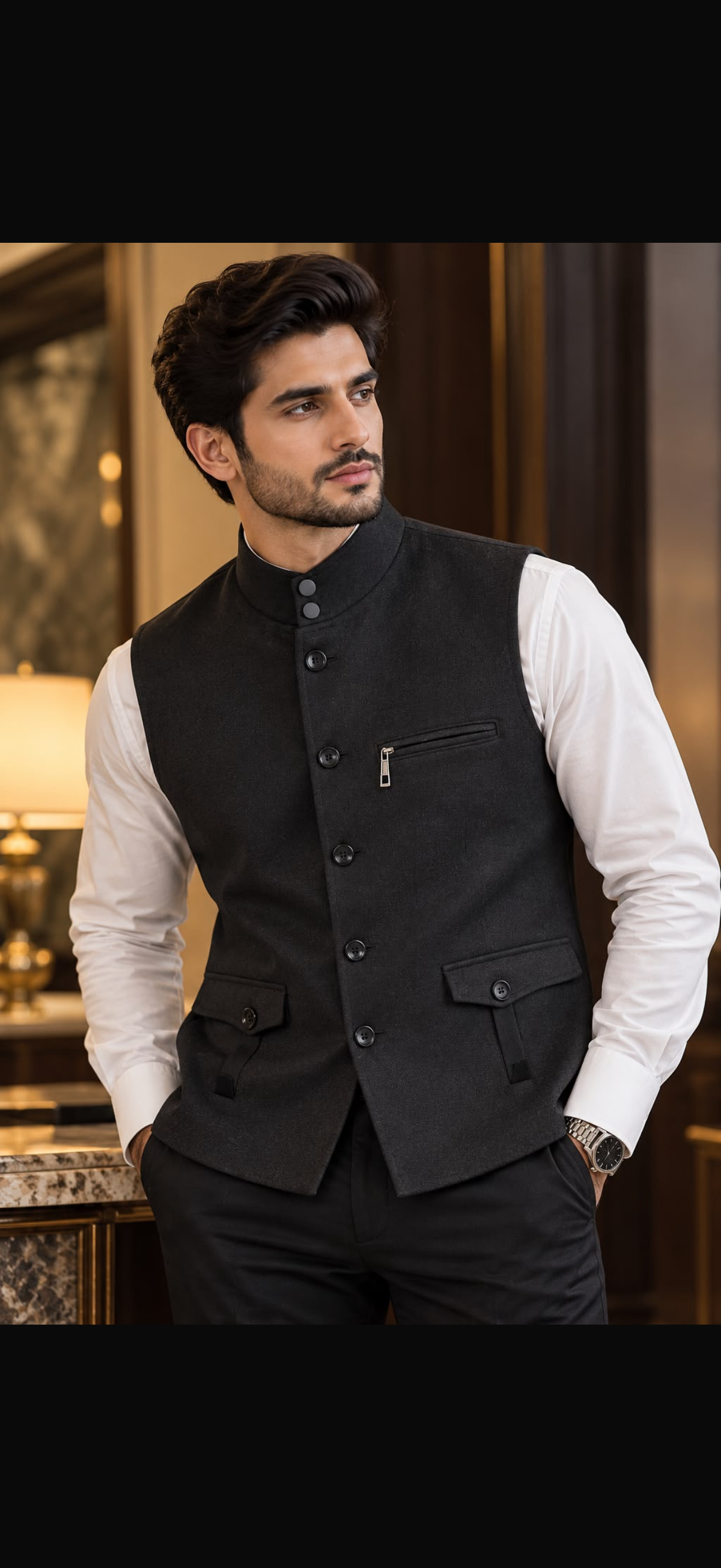 Men's Mandarin Collar Wool-Blend Formal Waistcoat with Multi-Pocket Detail