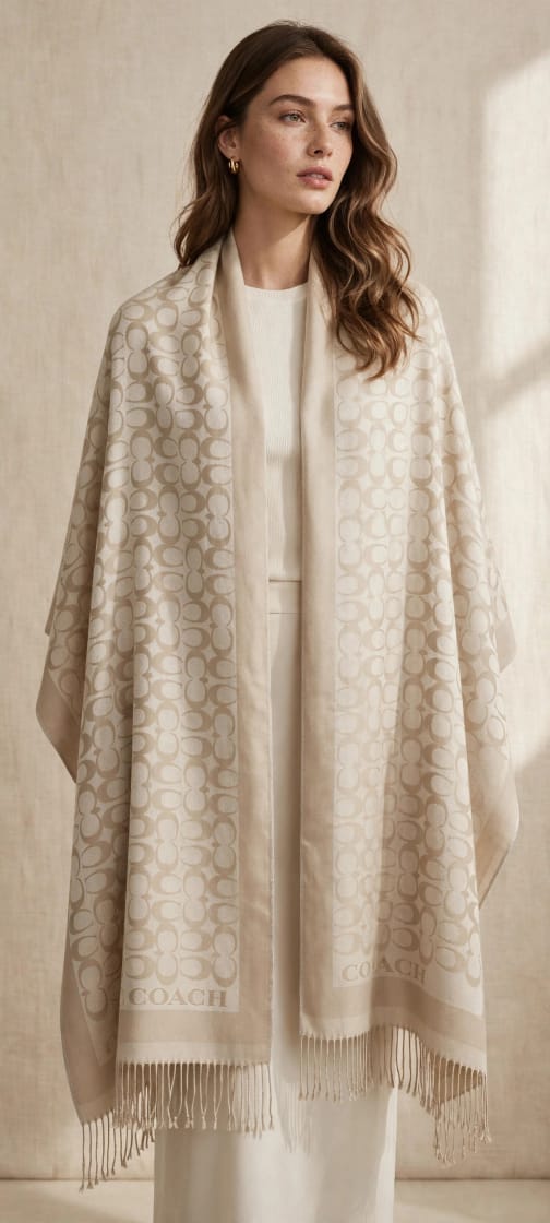 Women's Jacquard Monogram Fringed Cape Shawl Wrap