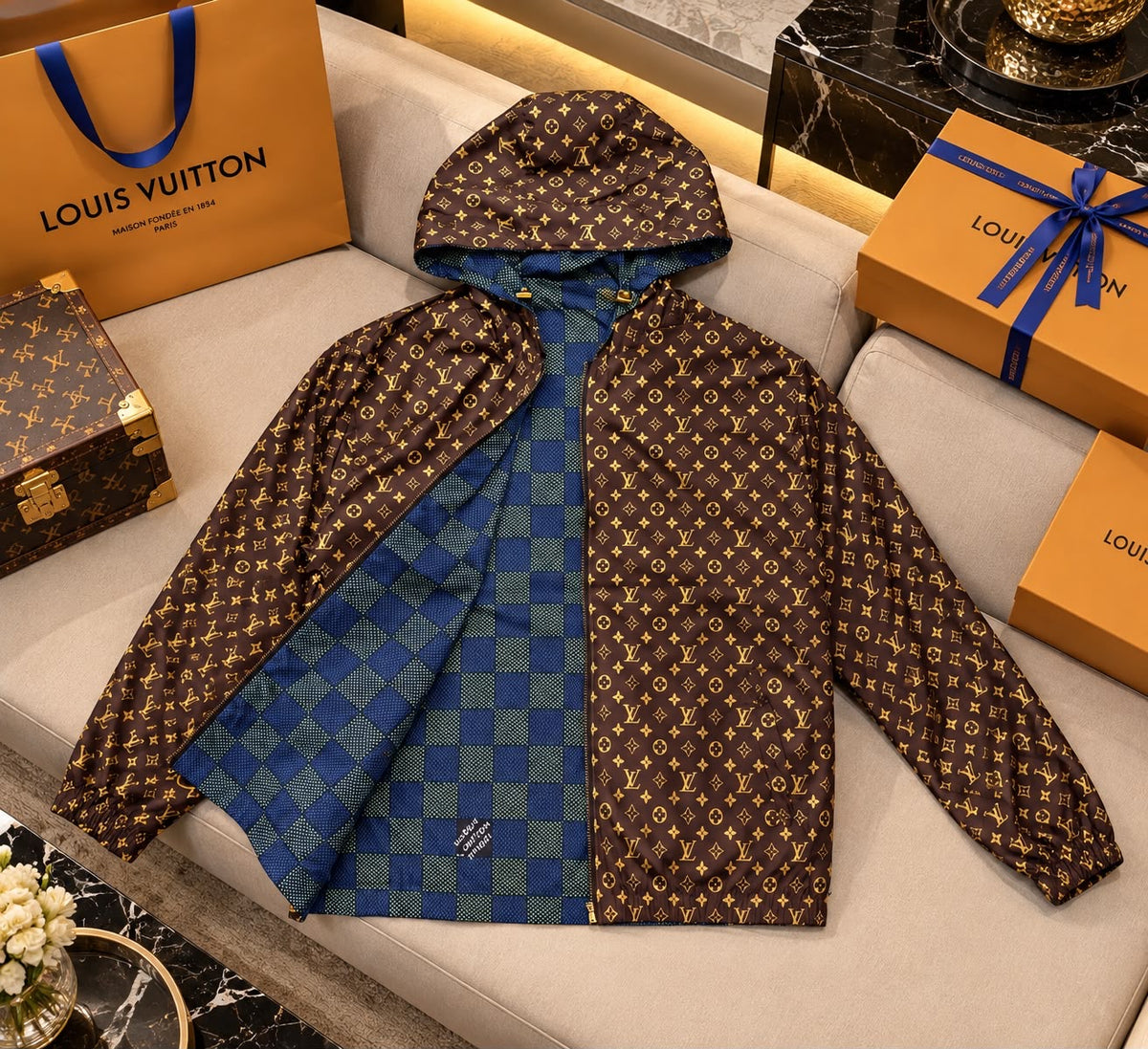 Men’s Luxury OG Reversible Hooded Jacket | 2-in-1 Full-Zip Lightweight Printed Windbreaker