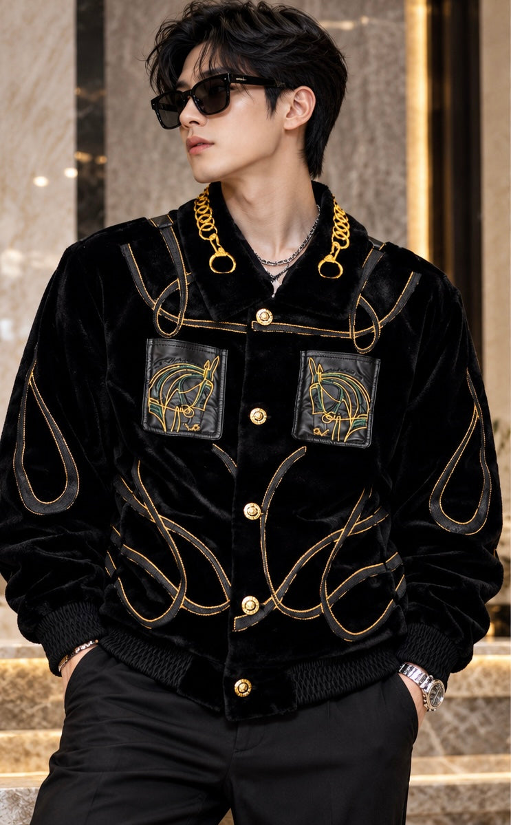 "The Sovereign Heir" – Black Velvet Gold-Chain Trimmed Equestrian Bomber Jacket