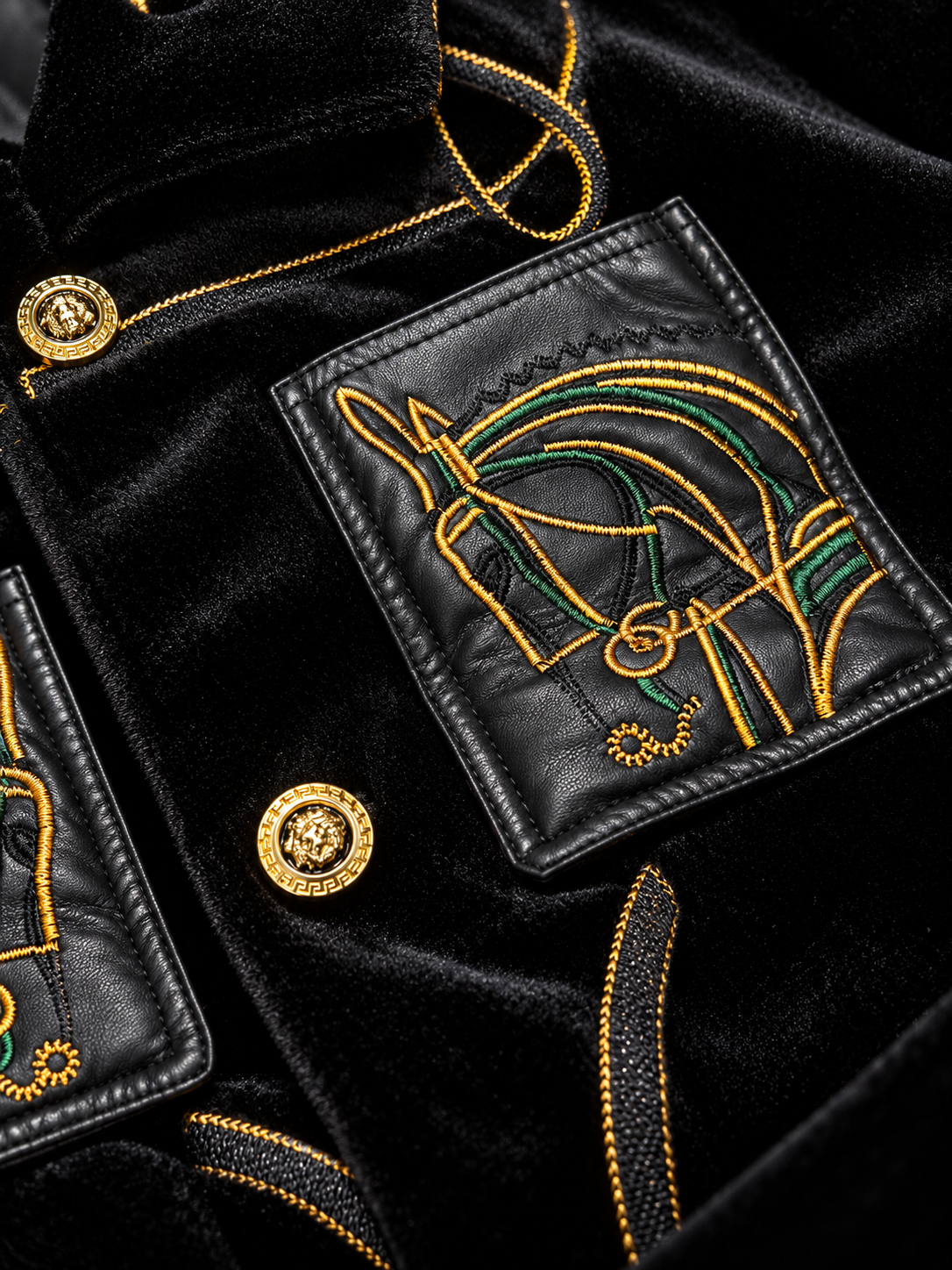 "The Sovereign Heir" – Black Velvet Gold-Chain Trimmed Equestrian Bomber Jacket