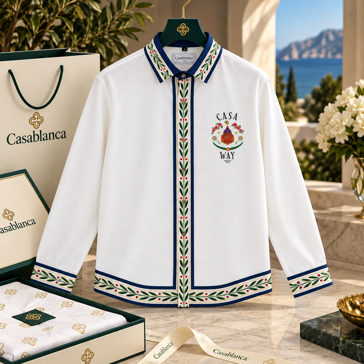 Botanical Border & Graphic Crest Long-Sleeve Shirt