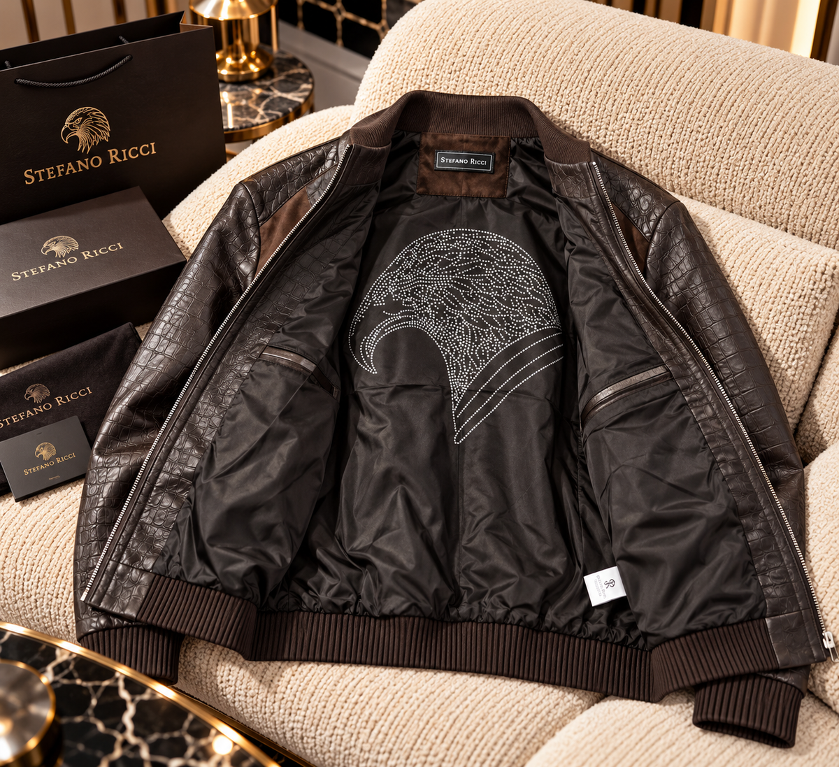 Croc-Embossed Leather & Suede Panel Bomber Jacket