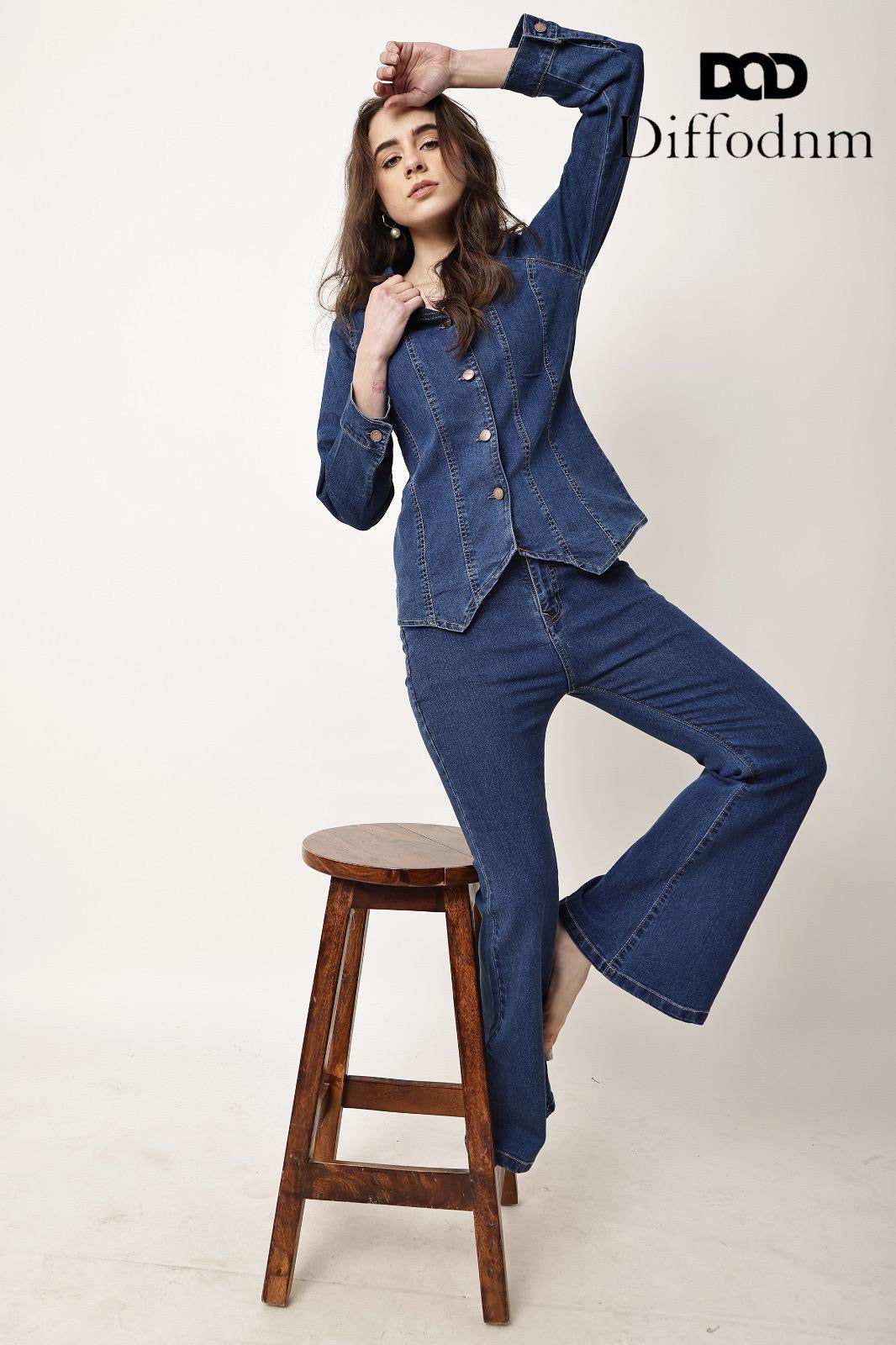 Women’s Dark Wash Fitted Denim Shirt & Bootcut Jeans Two-Piece Co-Ord Set