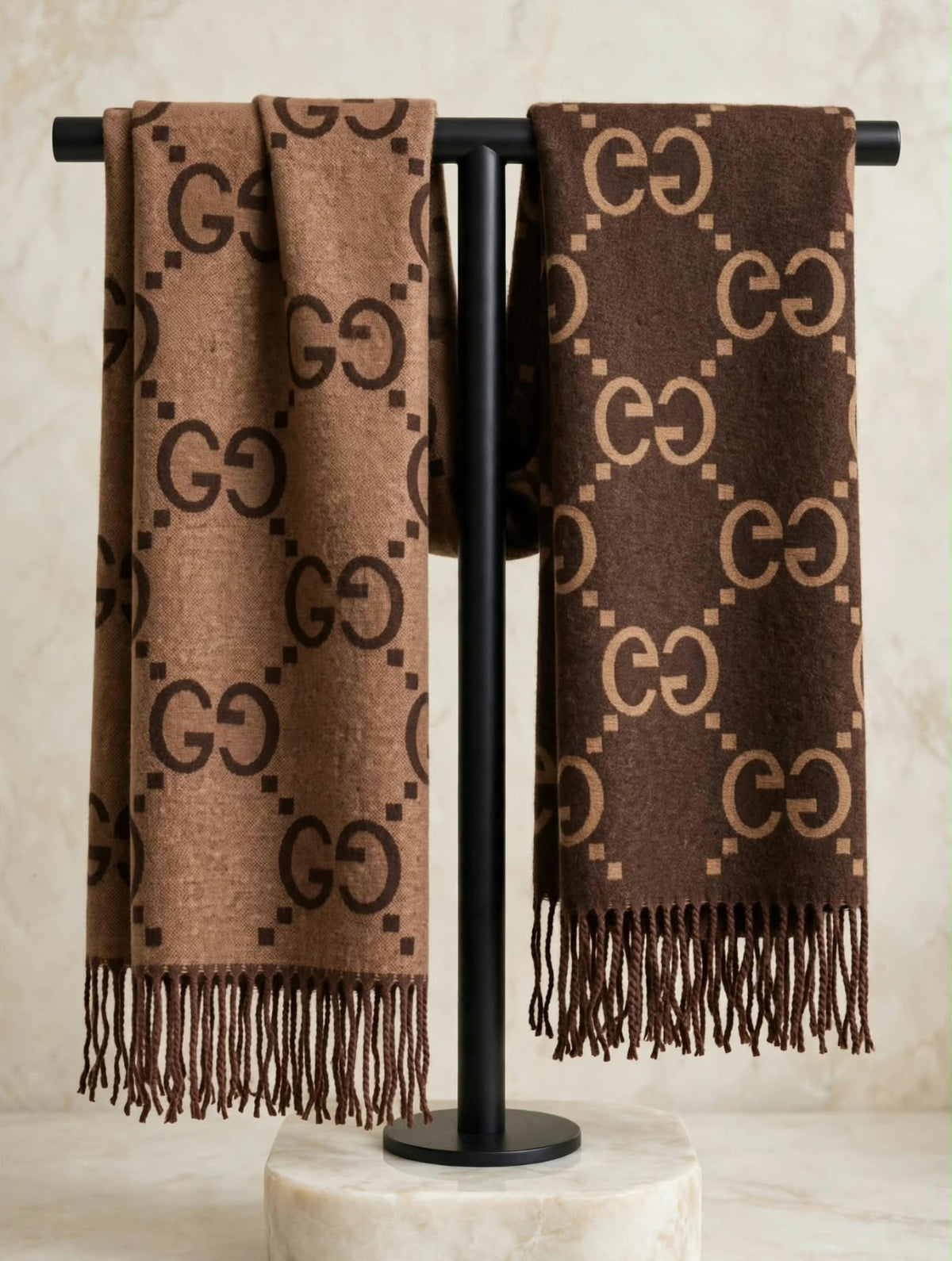 Women's Reversible Interlocking GG Jacquard Cashmere Stole Wrap with Fringe Trim