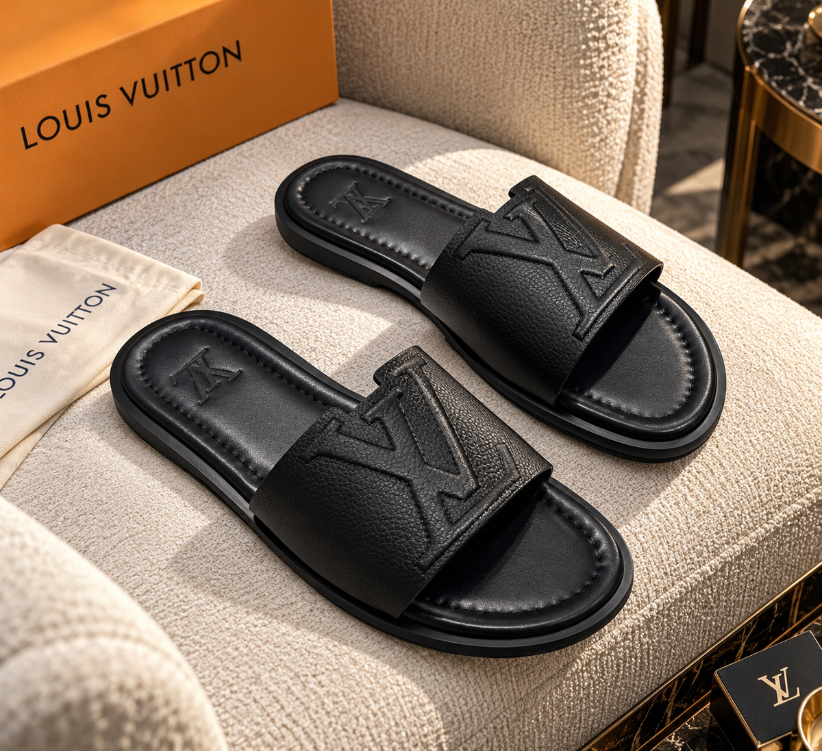 Embossed Leather Open-Toe Pool Slides / Mule Sandals