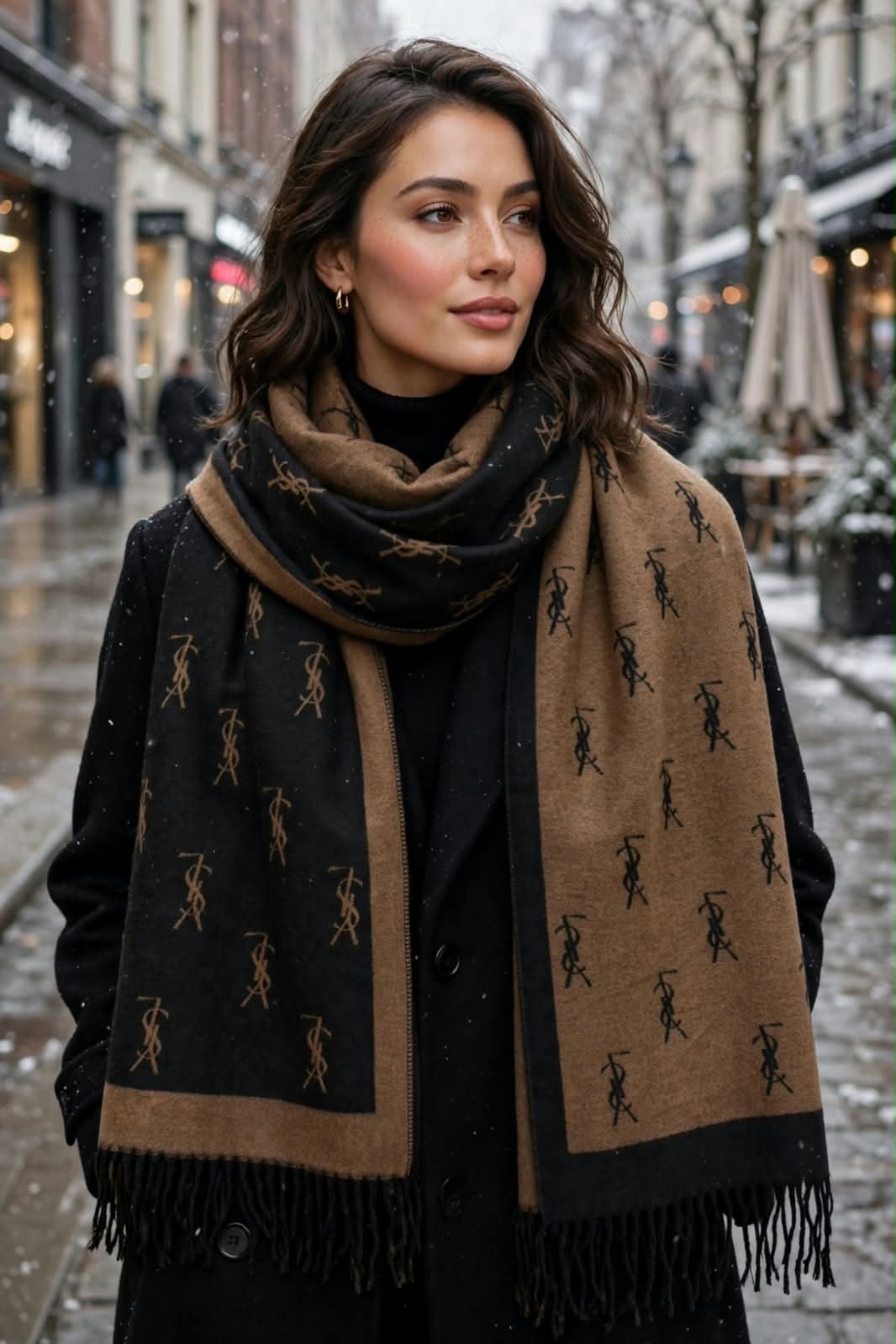 Luxury Monogram Jacquard Knit Fringed Scarf / Winter Wrap