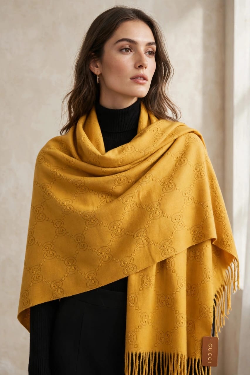 Women's Embossed Monogram Cashmere Wrap Stole with Tassel Fringe