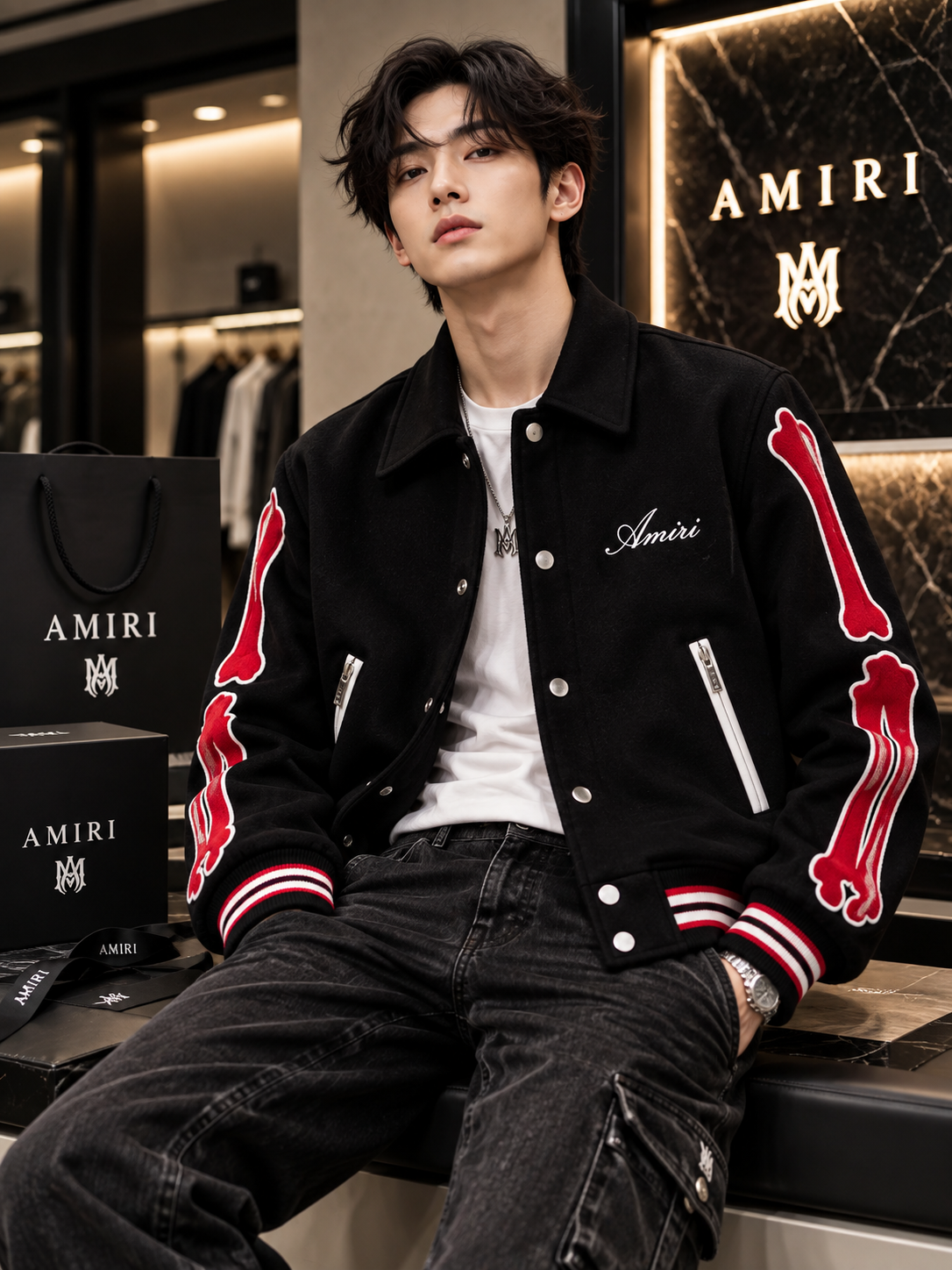 Bone Appliqué Wool Varsity Jacket