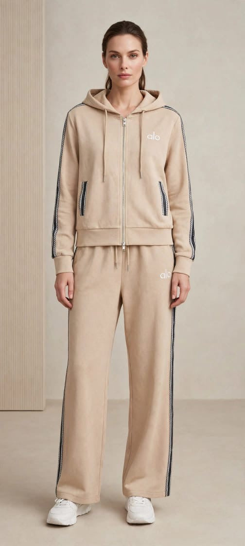 Women's Full-Zip Hoodie & Wide-Leg Sweatpants Set with Patterned Side Stripes