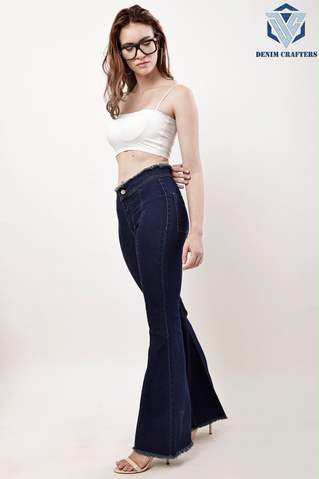 Waisted Dark Wash Flare Jeans with Fringed Waistband & Raw Hem