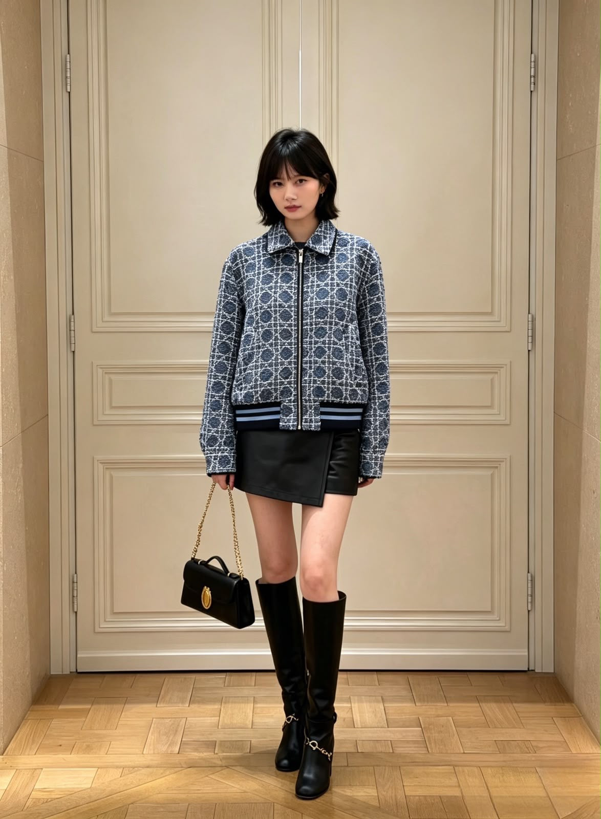 Geometric Quilted Tweed Zip-Up Jacket with Ribbed Trim & Spread Collar