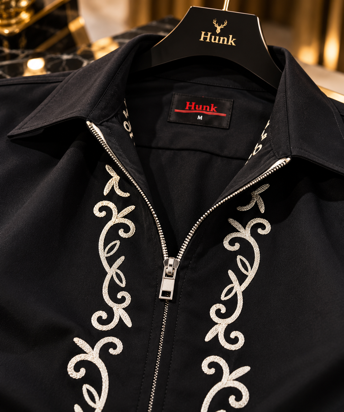 Scroll Embroidered Zip-Front Long Sleeve Shirt